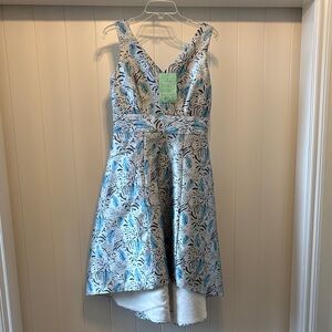 Yaly Couture Tailored Blue and White Sleeveless Dress